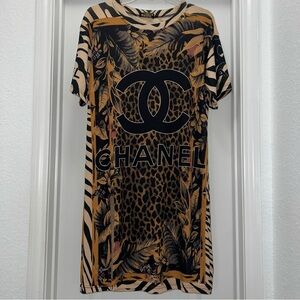 Women’s Long Pullover Mini Dress Leopard Print Logo Style, Short Sleeve